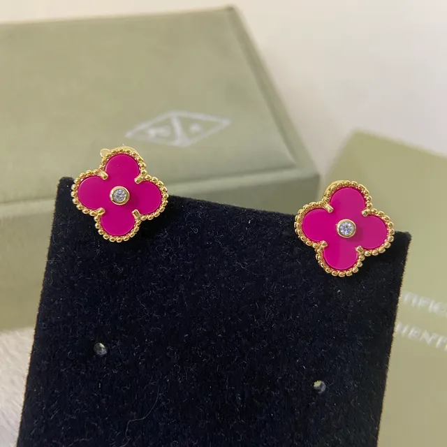 Van Cleef & Arpels Alhambra Magenta Enamel and Diamond Four-Leaf Clover Earrings 3