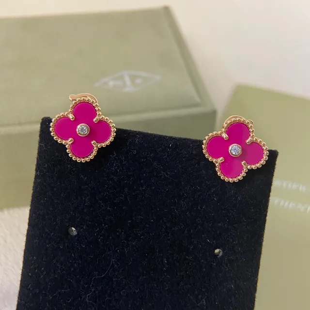 Van Cleef & Arpels Alhambra Magenta Enamel and Diamond Four-Leaf Clover Earrings 4