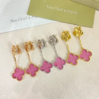 Van Cleef & Arpels 阿尔罕布拉 粉色闪耀珐琅 四叶草 垂坠耳环