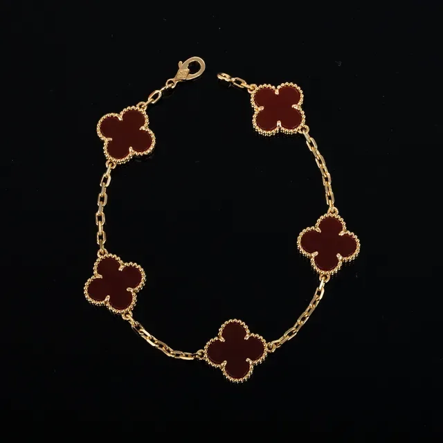 Van Cleef & Arpels Alhambra Red Enamel Four-Leaf Clover Gold Bracelet 2