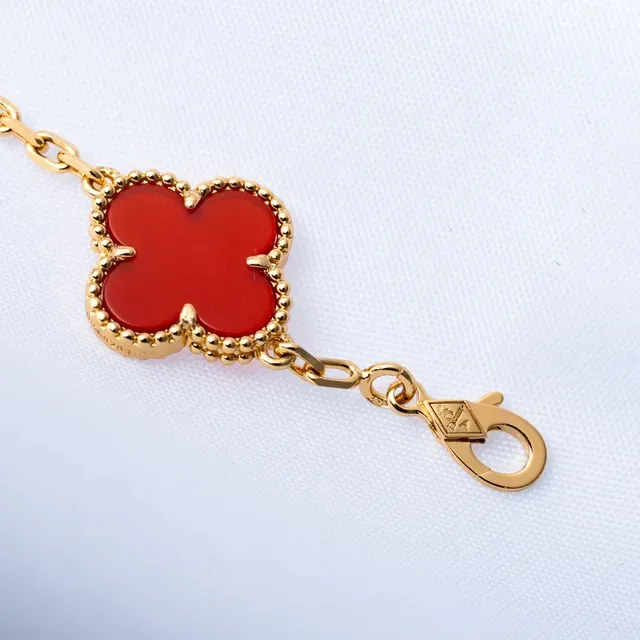 Van Cleef & Arpels Alhambra Red Enamel Four-Leaf Clover Gold Bracelet 3