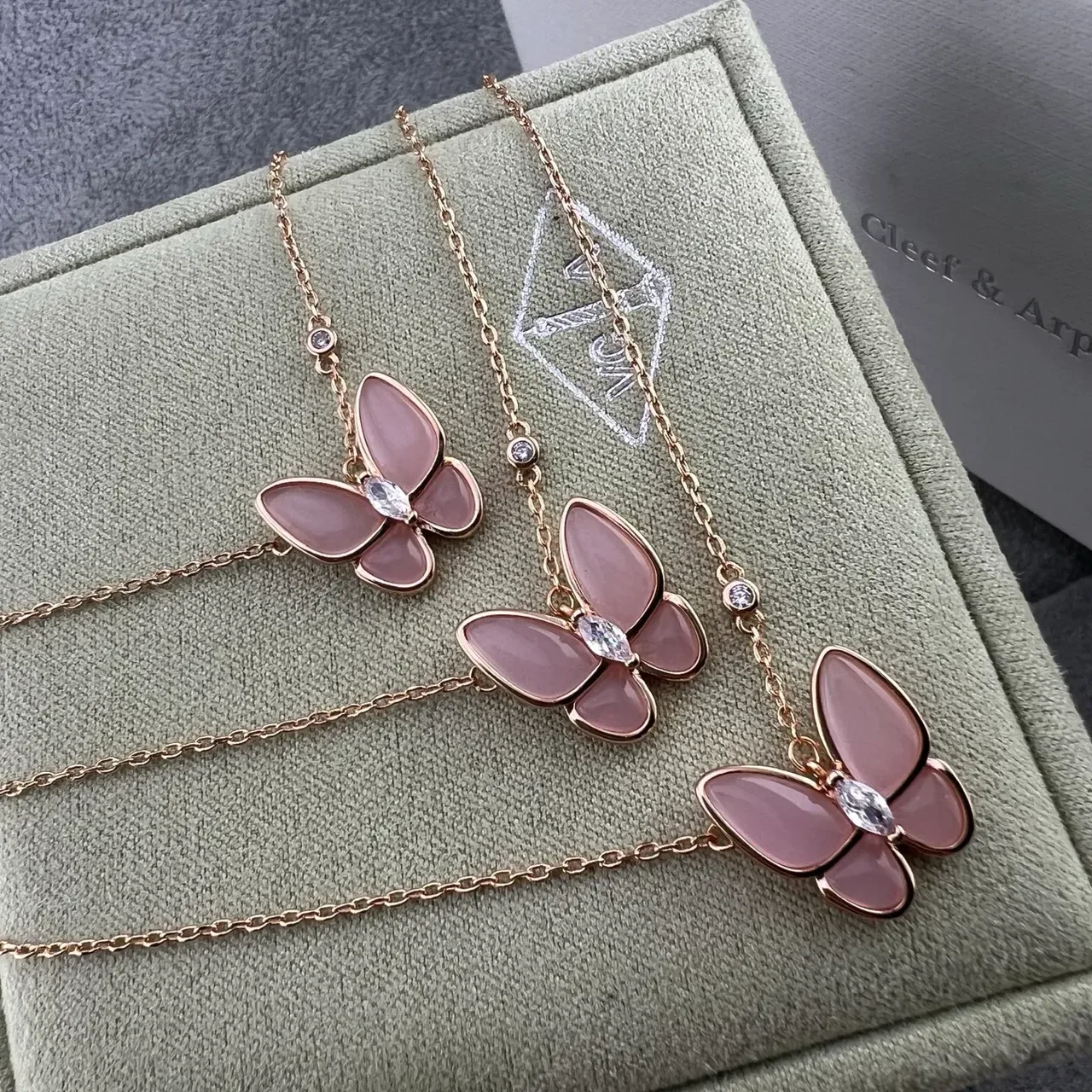 Van Cleef & Arpels Papillon Pink Stone Butterfly Pendant Necklaces 4