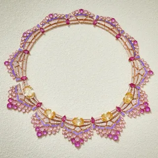 Van Cleef & Arpels Pink Purple Articulated Fan Motifs Enamel Inlays Necklace