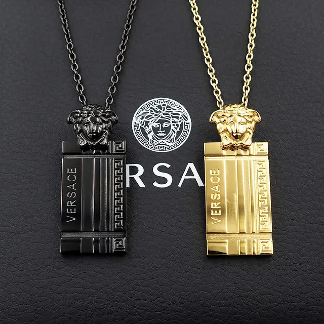 Versace قلادة سوداء فضية سلسلة مرتبطة مستطيلة 6