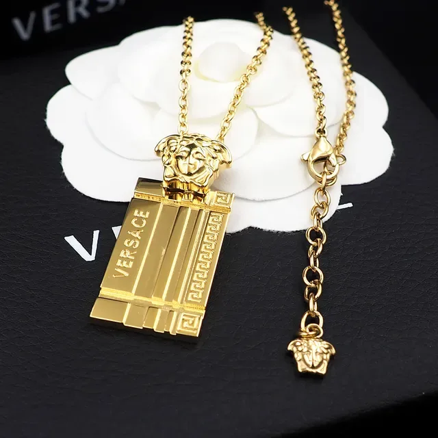 Versace قلادة سوداء فضية سلسلة مرتبطة مستطيلة 7