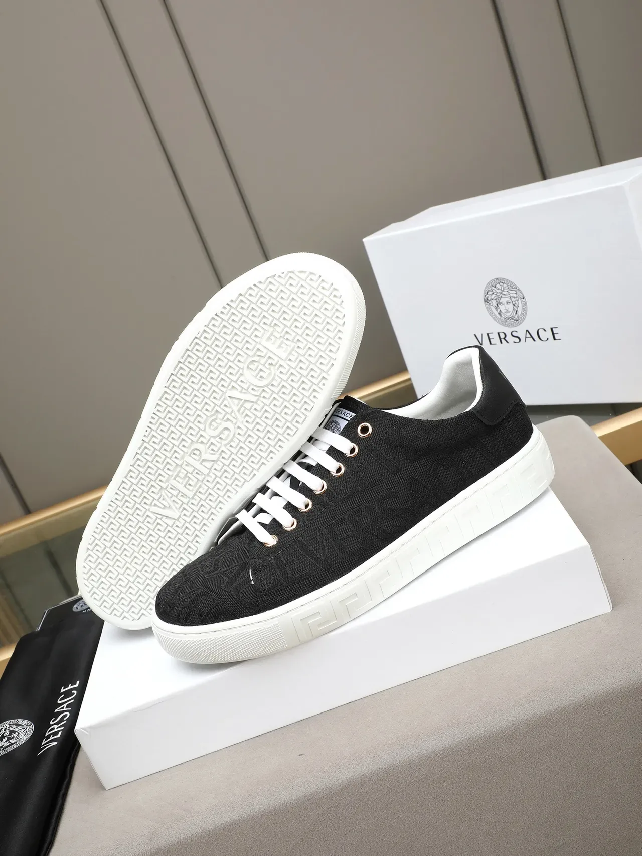 Versace Black White Jacquard Logo Textile Upper Greek Key Midsole Lifestyle Sneakers 4