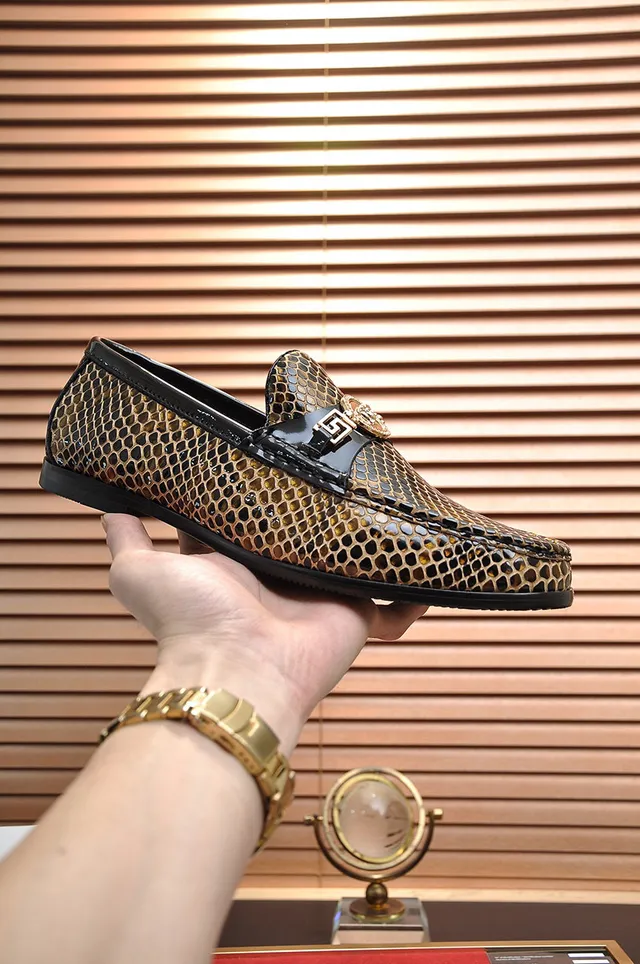Versace Brown Black Snakeskin-Print Upper Patent Leather Trim Loafer 7