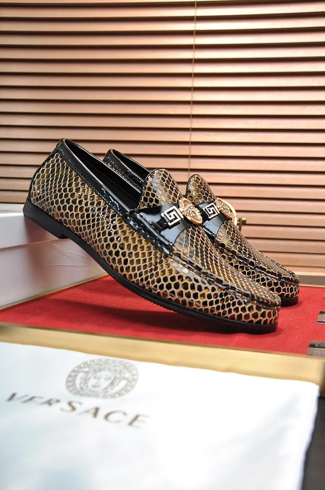 Versace Brown Black Snakeskin-Print Upper Patent Leather Trim Loafer 8