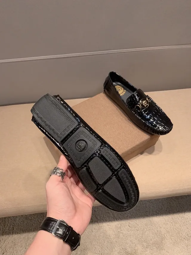 Versace Chain Reaction Glossy Croc-Embossed Black Loafers 5