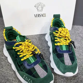 Versace Chain Reaction 绿色格子呢 和 麂皮厚底运动鞋