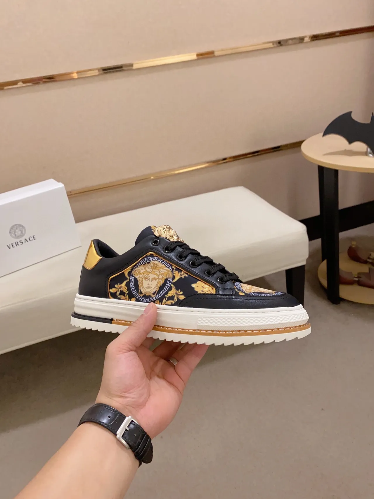 Versace Chain Reaction Medusa Print Black Gold Lifestyle Sneakers 2