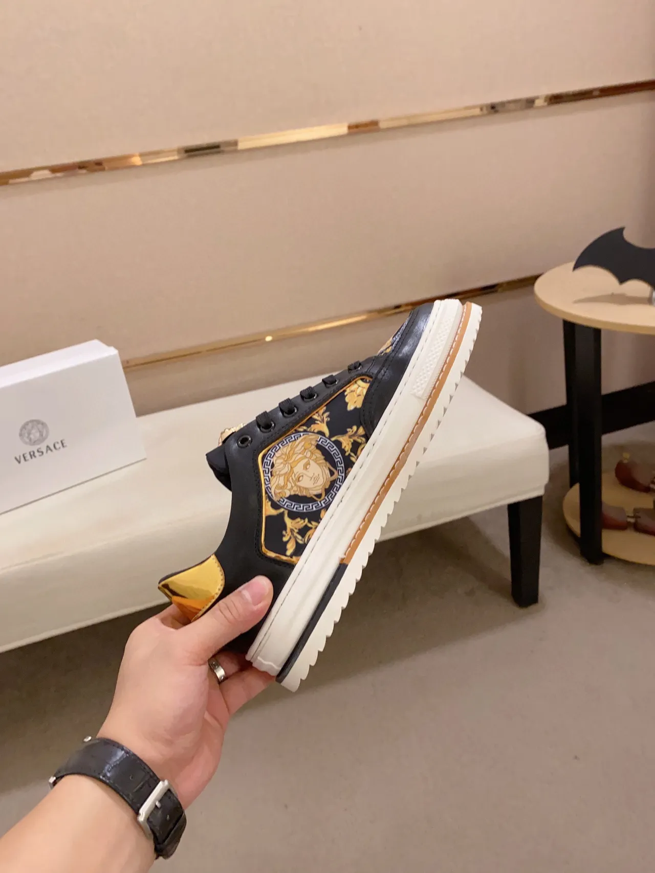 Versace Chain Reaction Medusa Print Black Gold Lifestyle Sneakers 7