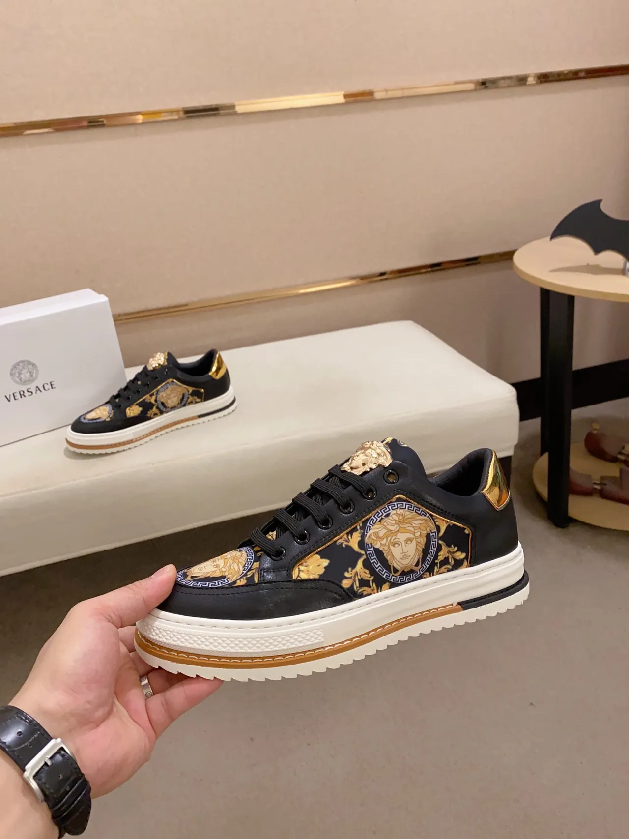 Versace Chain Reaction Medusa Print Black Gold Lifestyle Sneakers 8