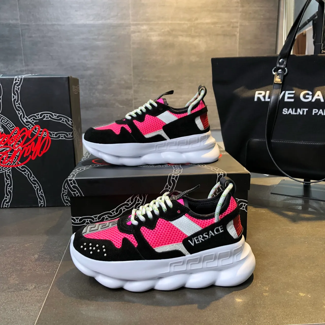 Versace Chain Reaction Pink and Black Chunky Sneakers 2