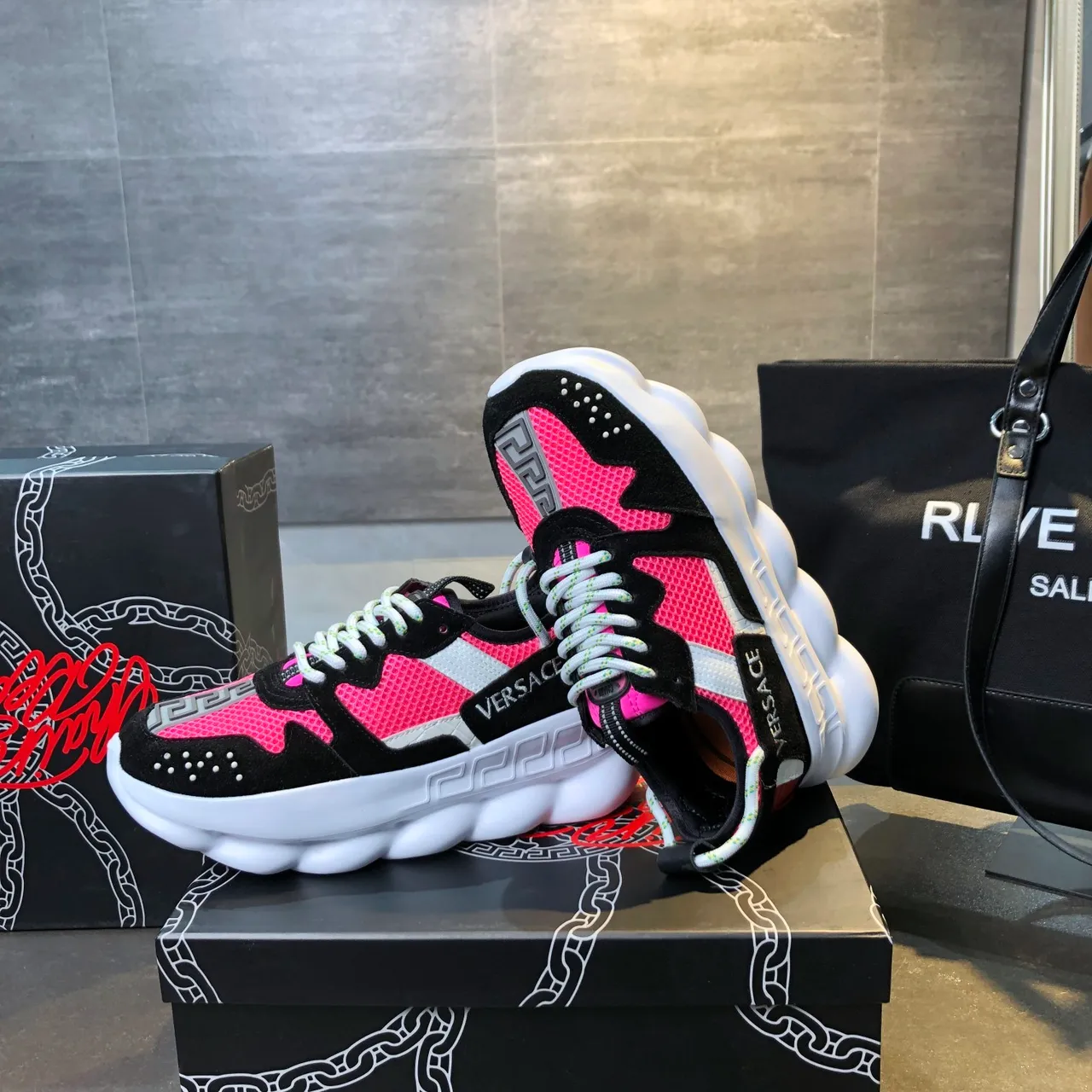 Versace Chain Reaction Pink and Black Chunky Sneakers 4