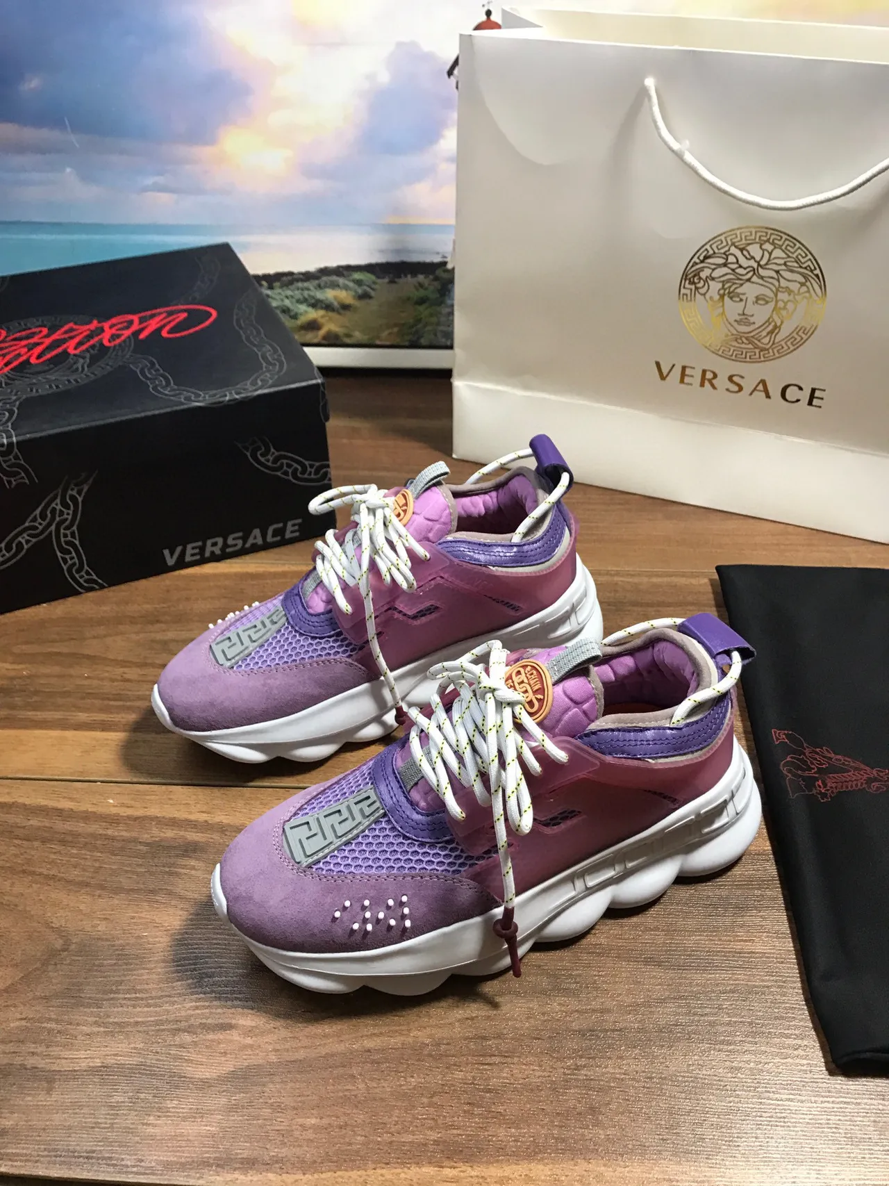 Versace Chain Reaction Purple and White Chunky Sneakers 8