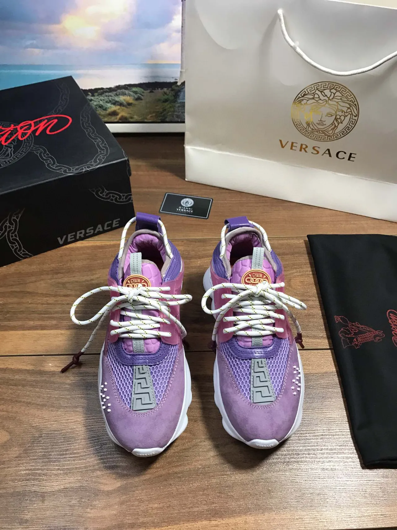 Versace Chain Reaction Purple and White Chunky Sneakers 9