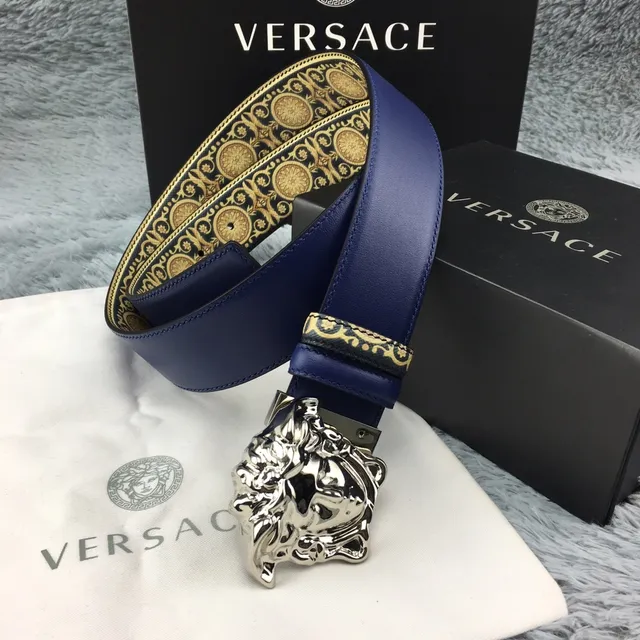 Versace Eros Baroque-Print Navy and Gold Leather Belt 7