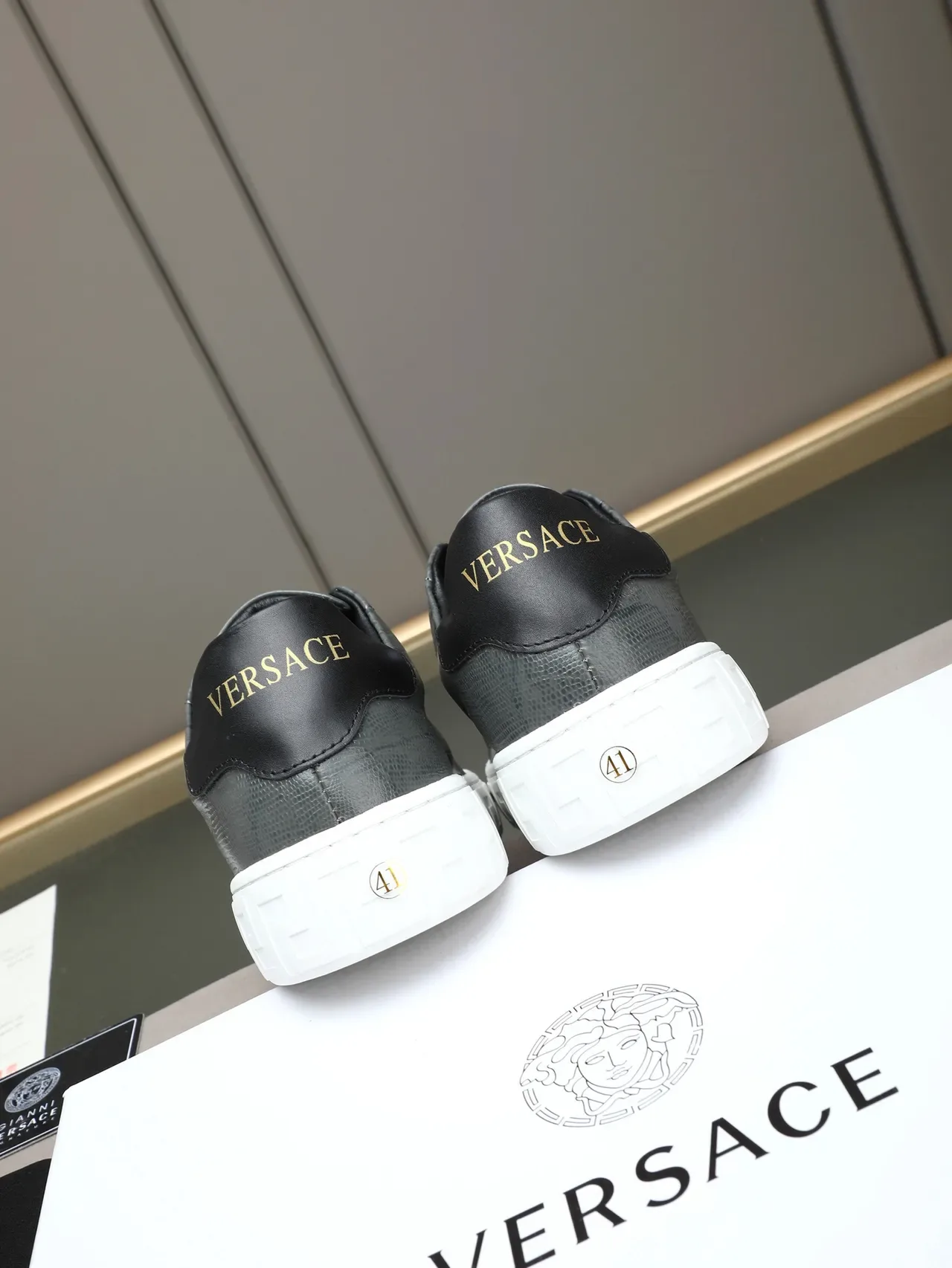 Versace Gray White Crocodile-Embossed Leather Greek Key Midsole Lifestyle Sneakers 2