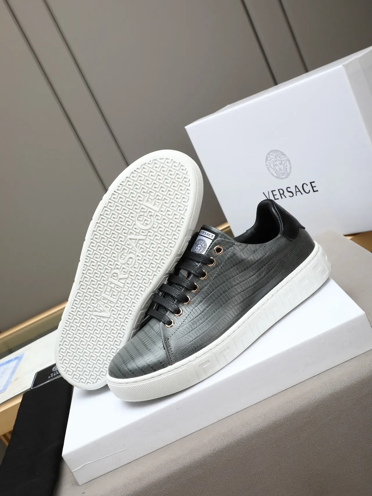 Versace Gray White Crocodile-Embossed Leather Greek Key Midsole Lifestyle Sneakers 3