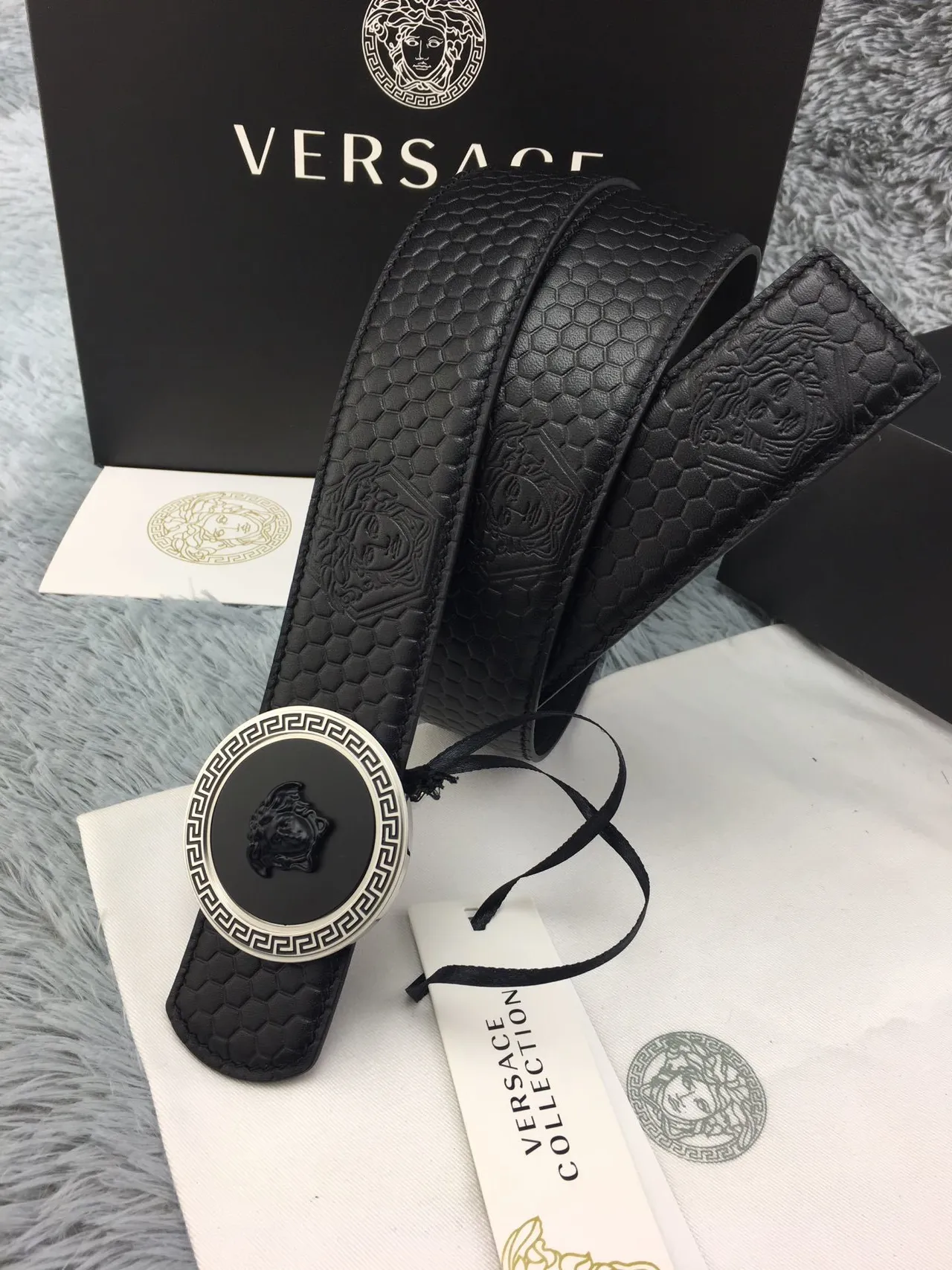 Versace Medusa Belt কালো ছয়কোণ দবিত চামড়ার পট্টি 5