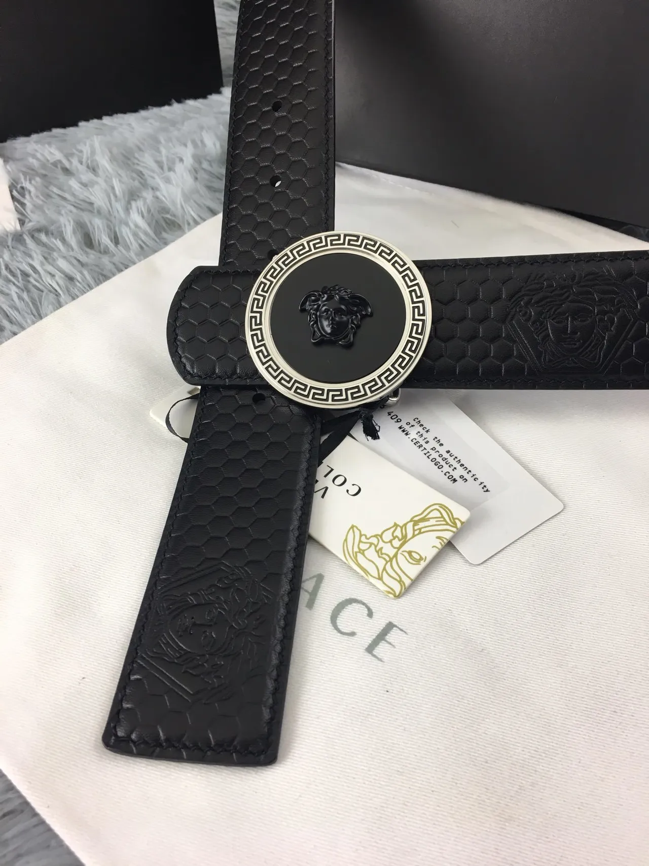 Versace Medusa Belt কালো ছয়কোণ দবিত চামড়ার পট্টি 8