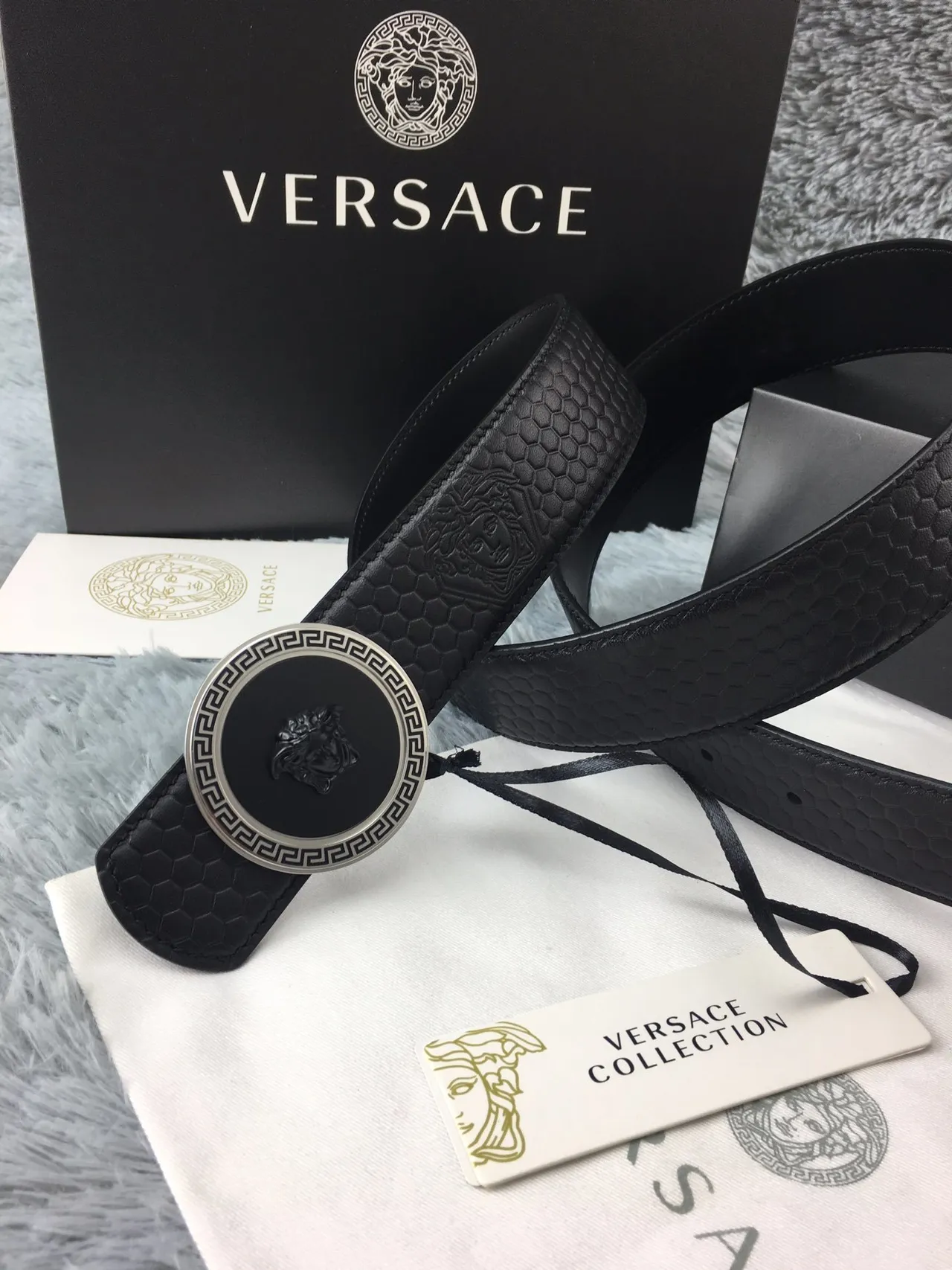 Versace Medusa Belt কালো ছয়কোণ দবিত চামড়ার পট্টি 9
