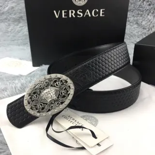 Versace Odissea 黑银色 精致美杜莎扣 蜂巢压纹皮革腰带