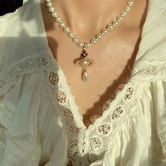 Vivienne Westwood Orb Beige Gold Pearl Strand Pendant Necklace 8