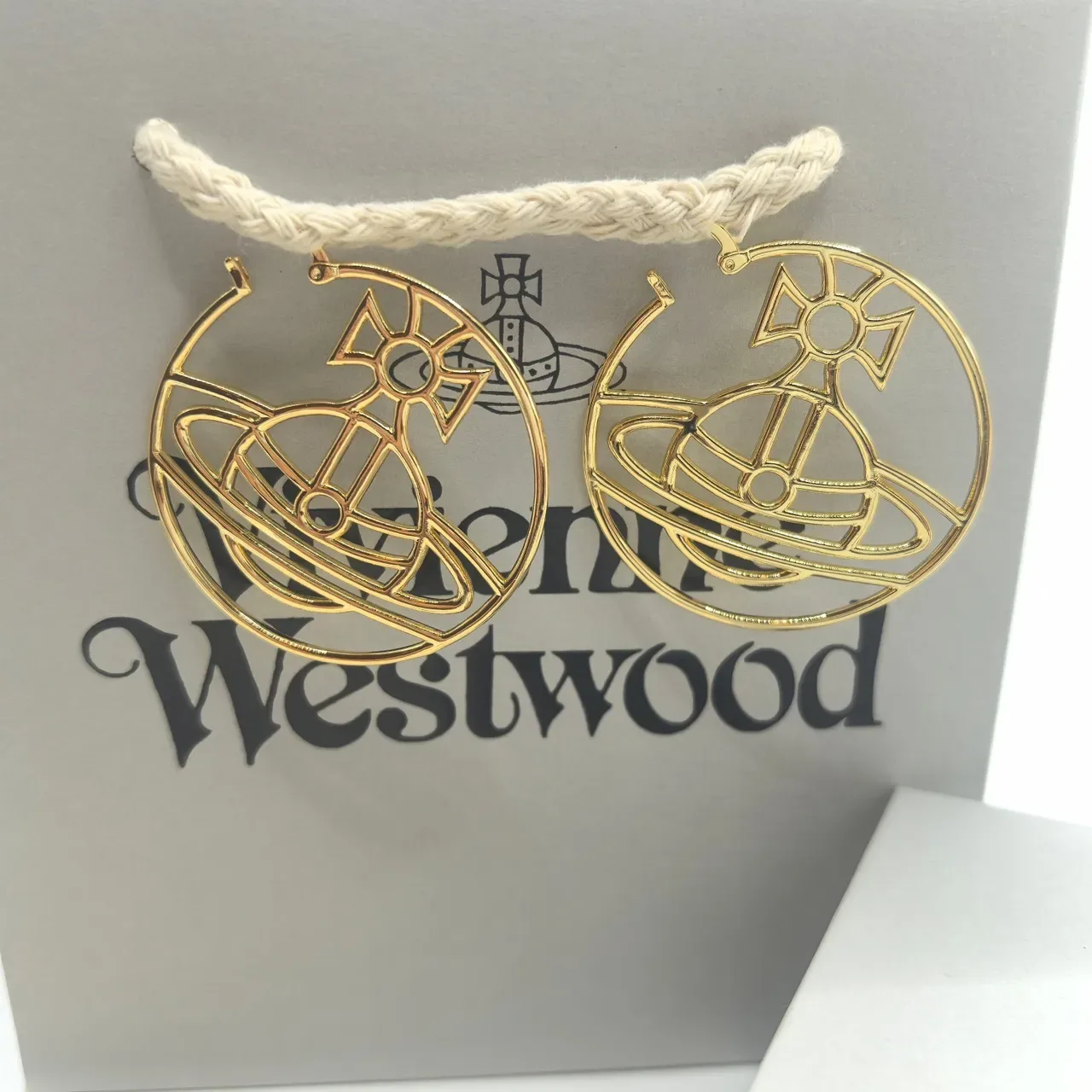 Vivienne Westwood Orb Logo Hoops Gold Beige Earrings 3