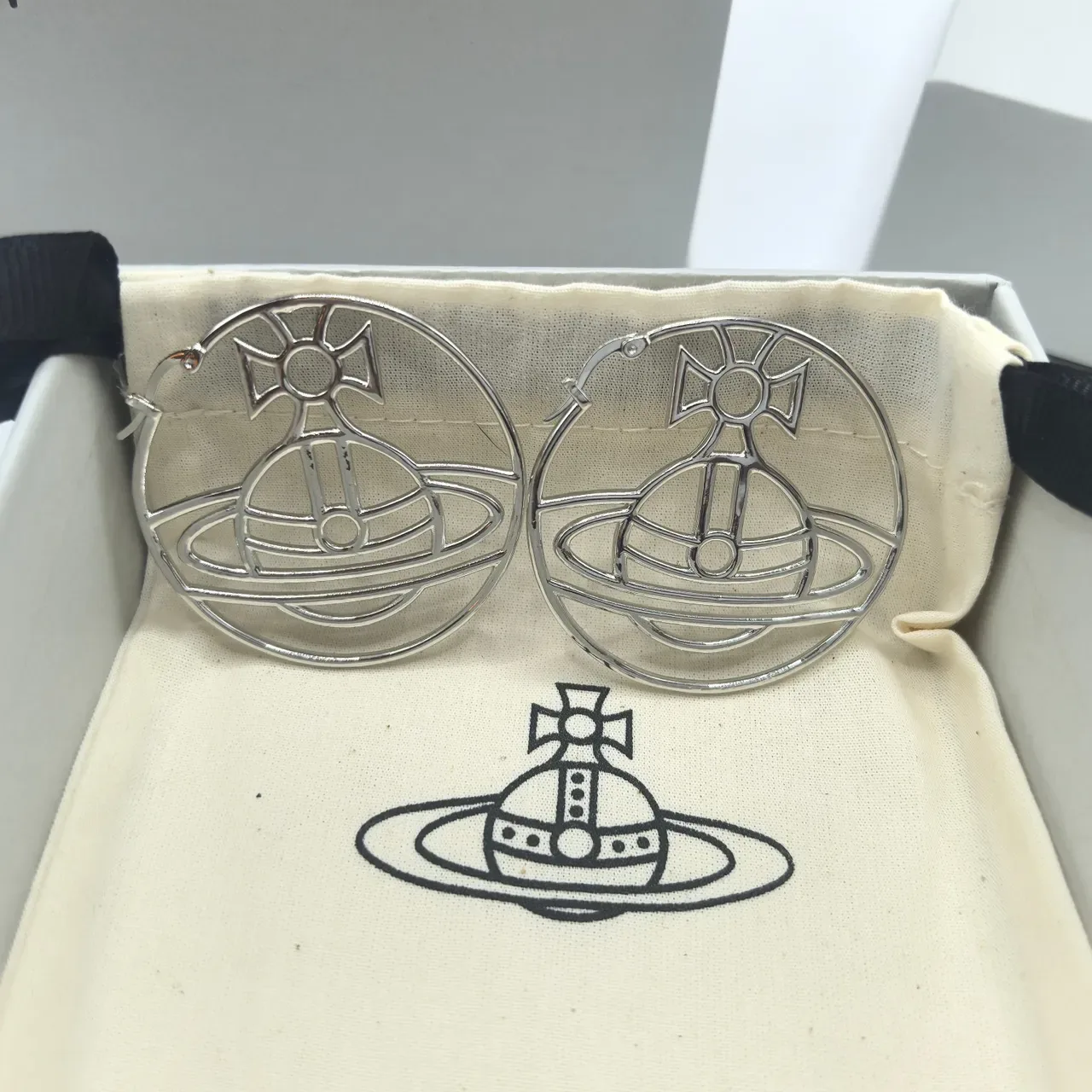 Vivienne Westwood Orb Logo Hoops Gold Beige Earrings 5