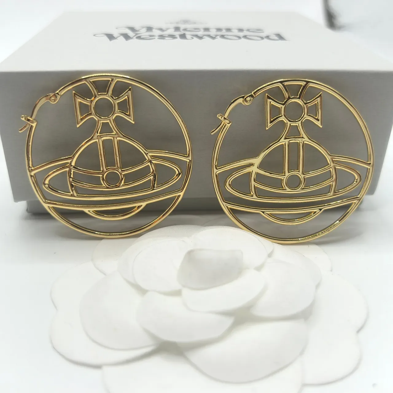 Vivienne Westwood Orb Logo Hoops Gold Beige Earrings 7