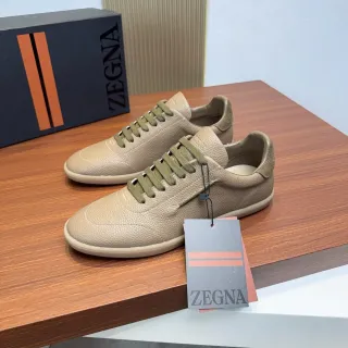 Zegna Beige Pebbled Leather Low-Top Sneakers