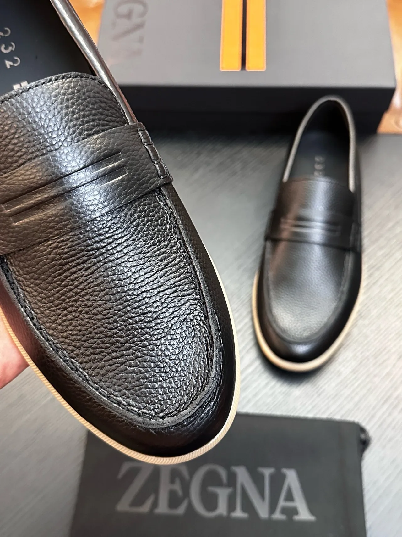 Zegna Black Beige Pebbled Leather Penny Strap Loafer 4