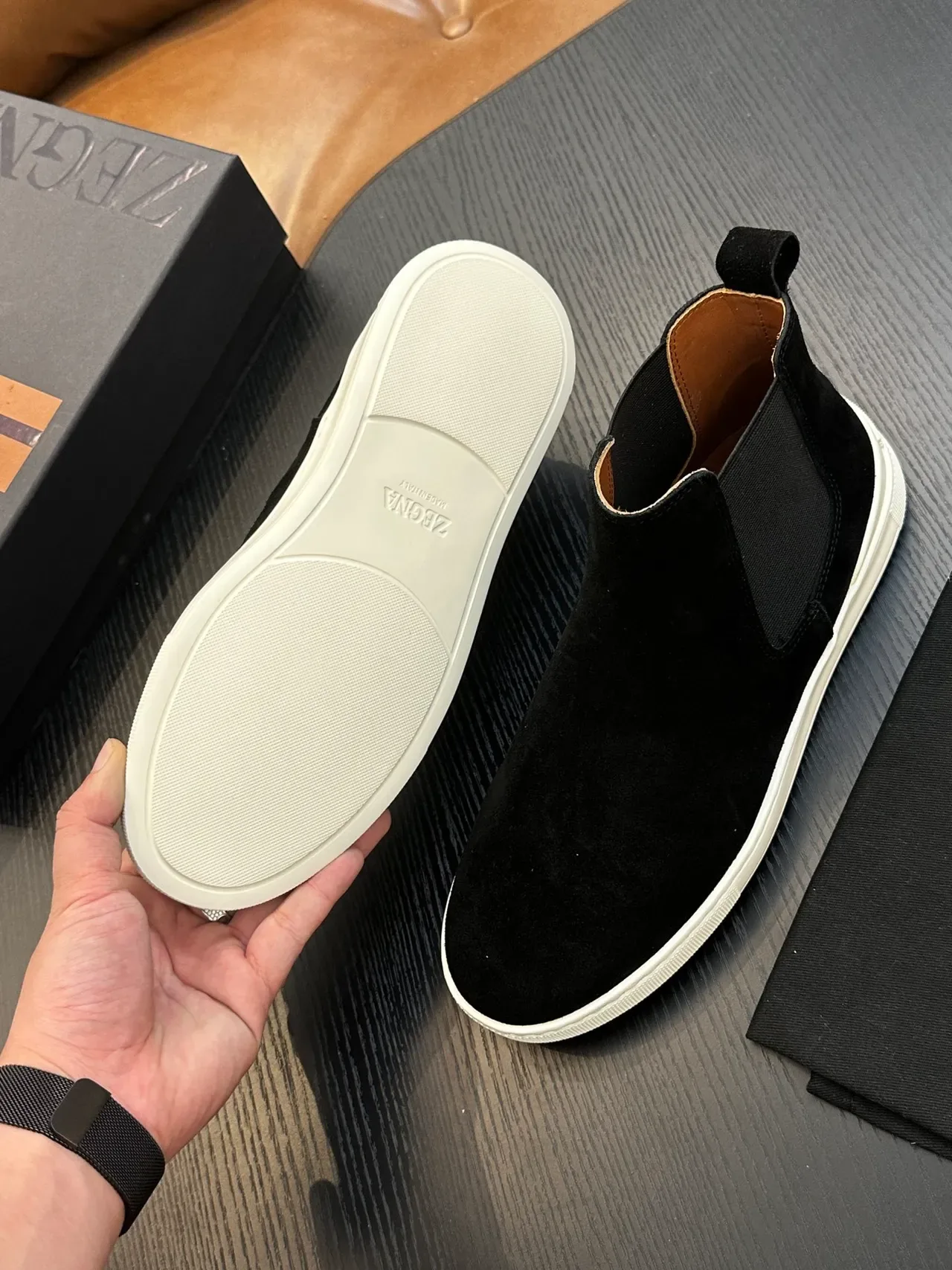Zegna Black White Suede Upper Elastic Side Gussets Chelsea Boots 2