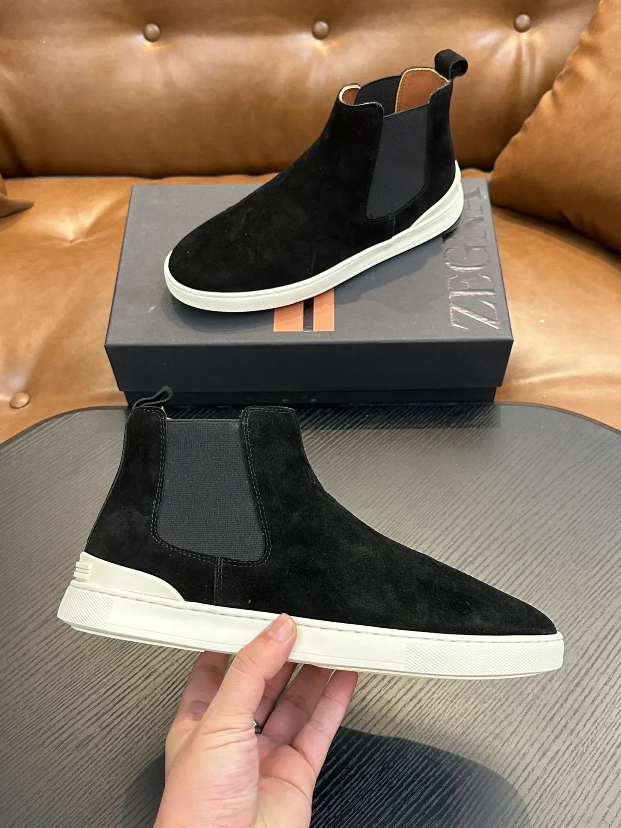 Zegna Black White Suede Upper Elastic Side Gussets Chelsea Boots 4