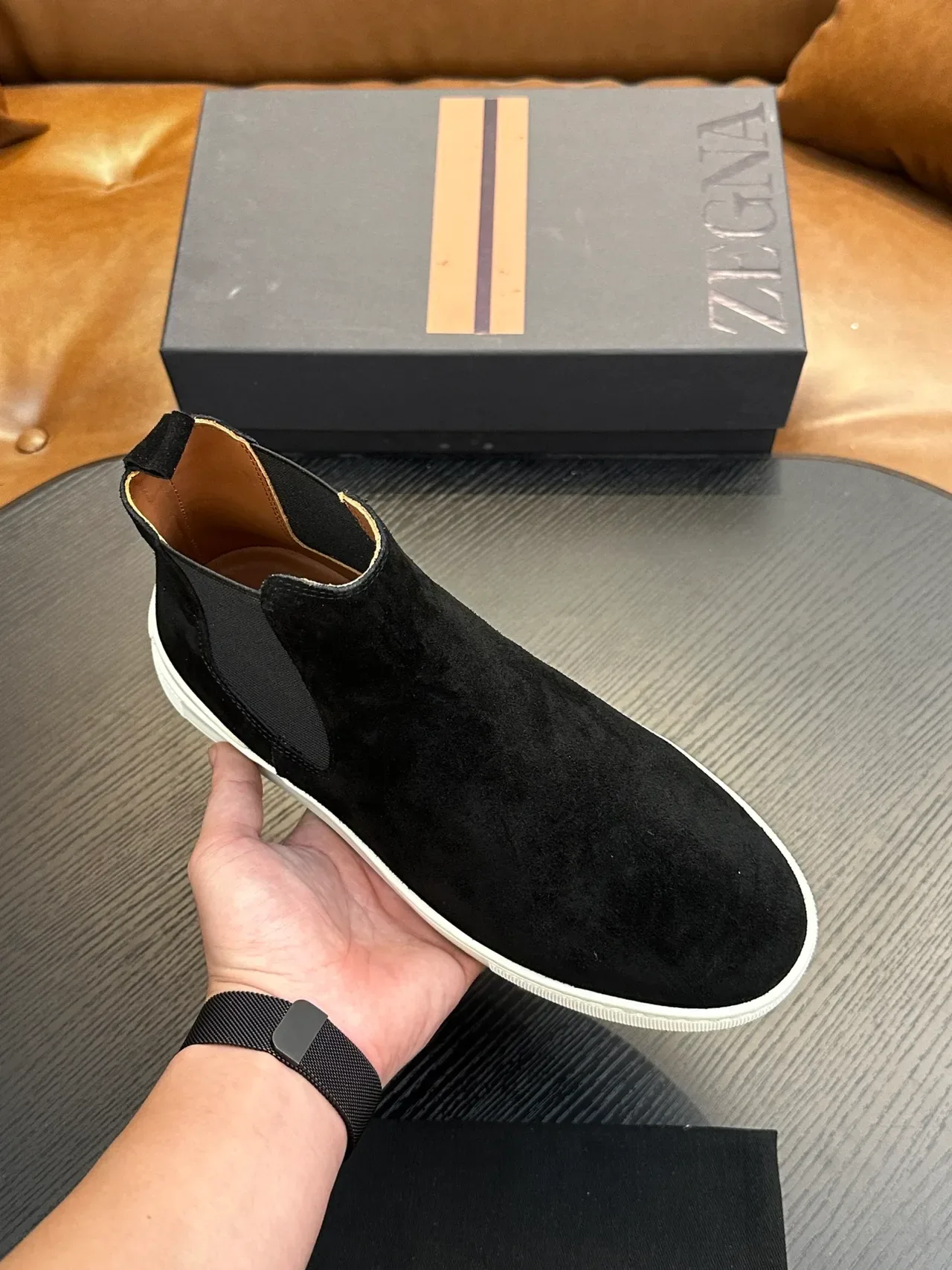 Zegna Black White Suede Upper Elastic Side Gussets Chelsea Boots 5