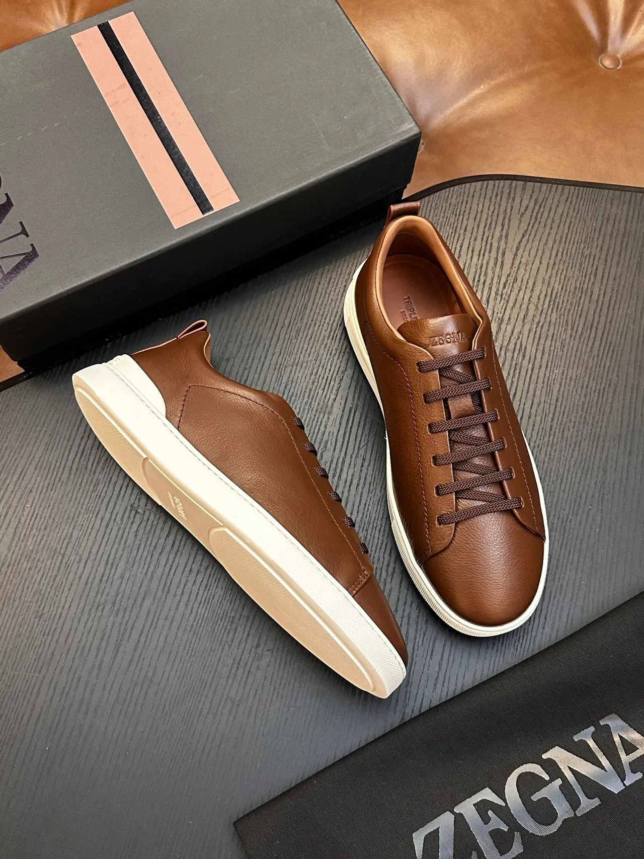 Zegna 棕色真皮低帮生活方式运动鞋 5