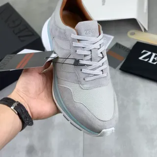Zegna Gray Blue Mixed-Material Upper Suede And Pebbled Leather Sneakers