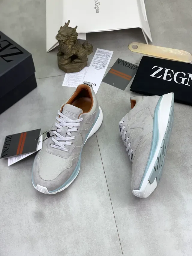 Zegna ग्रे ब्लू मिक्स्ड मटेरियल सूड और पेबल्ड लेदर स्नीकर 5