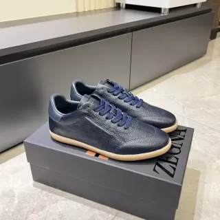Zegna Oasi Navy Beige छिलकेदार चमड़ा गम सोल लाइफस्टाइल स्नीकर