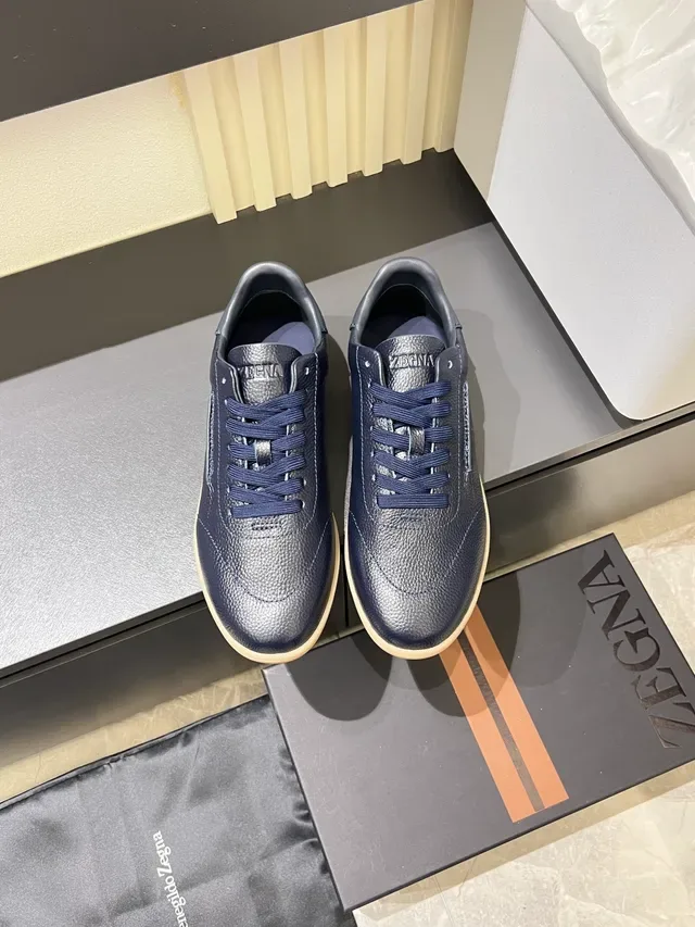 Zegna Oasi Navy Beige छिलकेदार चमड़ा गम सोल लाइफस्टाइल स्नीकर 5