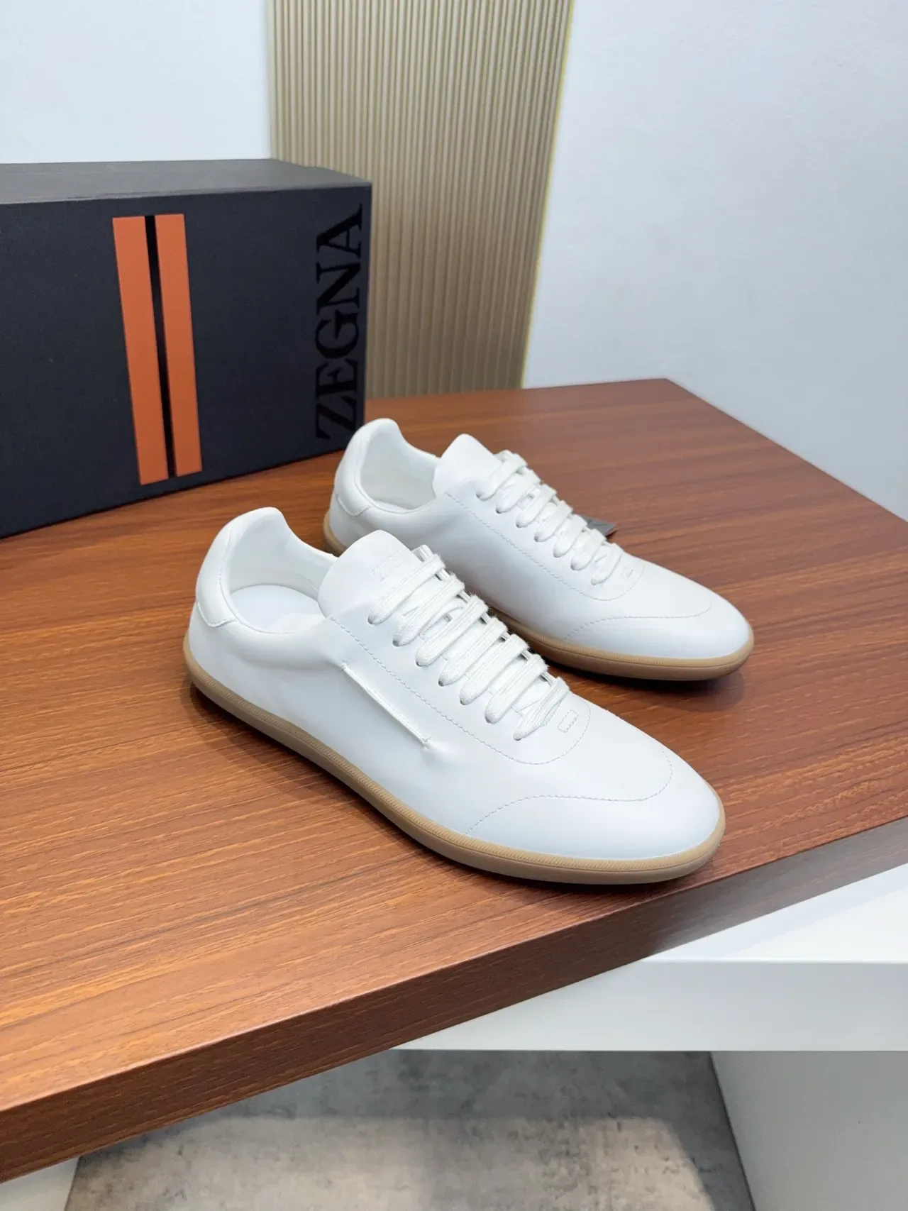 Zegna Sneakers Lifestyle Blancs Beiges Cuir Supérieur Semelle Gomme Rubber 4
