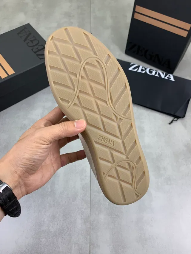 Zegna Branco Bege Couro Granulado Sola de Borracha Tênis Lifestyle 2
