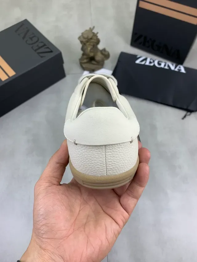 Zegna Branco Bege Couro Granulado Sola de Borracha Tênis Lifestyle 3