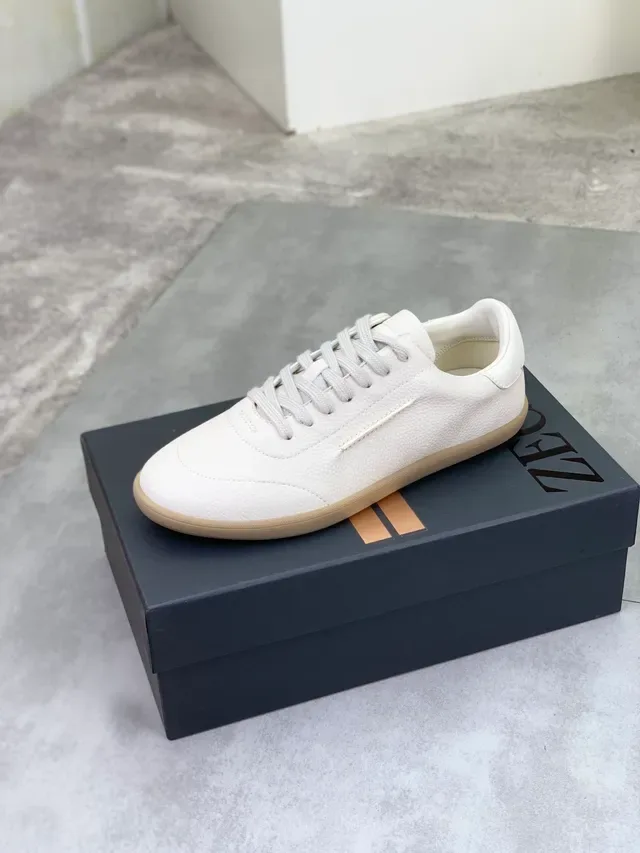 Zegna Branco Bege Couro Granulado Sola de Borracha Tênis Lifestyle 4