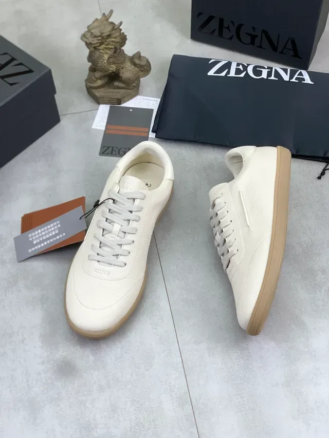 Zegna Branco Bege Couro Granulado Sola de Borracha Tênis Lifestyle 5