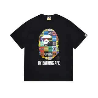 تي شيرت أسود A Bathing Ape متعدد الشعارات برسم رأس القرد