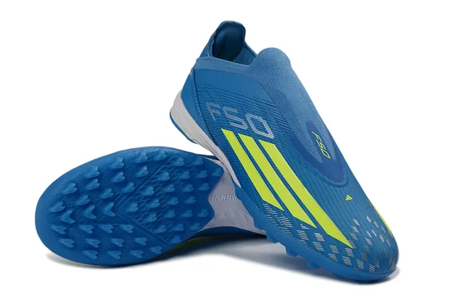 Adidas Blue Yellow Sock-Fit Collar Textured Synthetic Upper Artificial-Grass Soccer Shoes 4