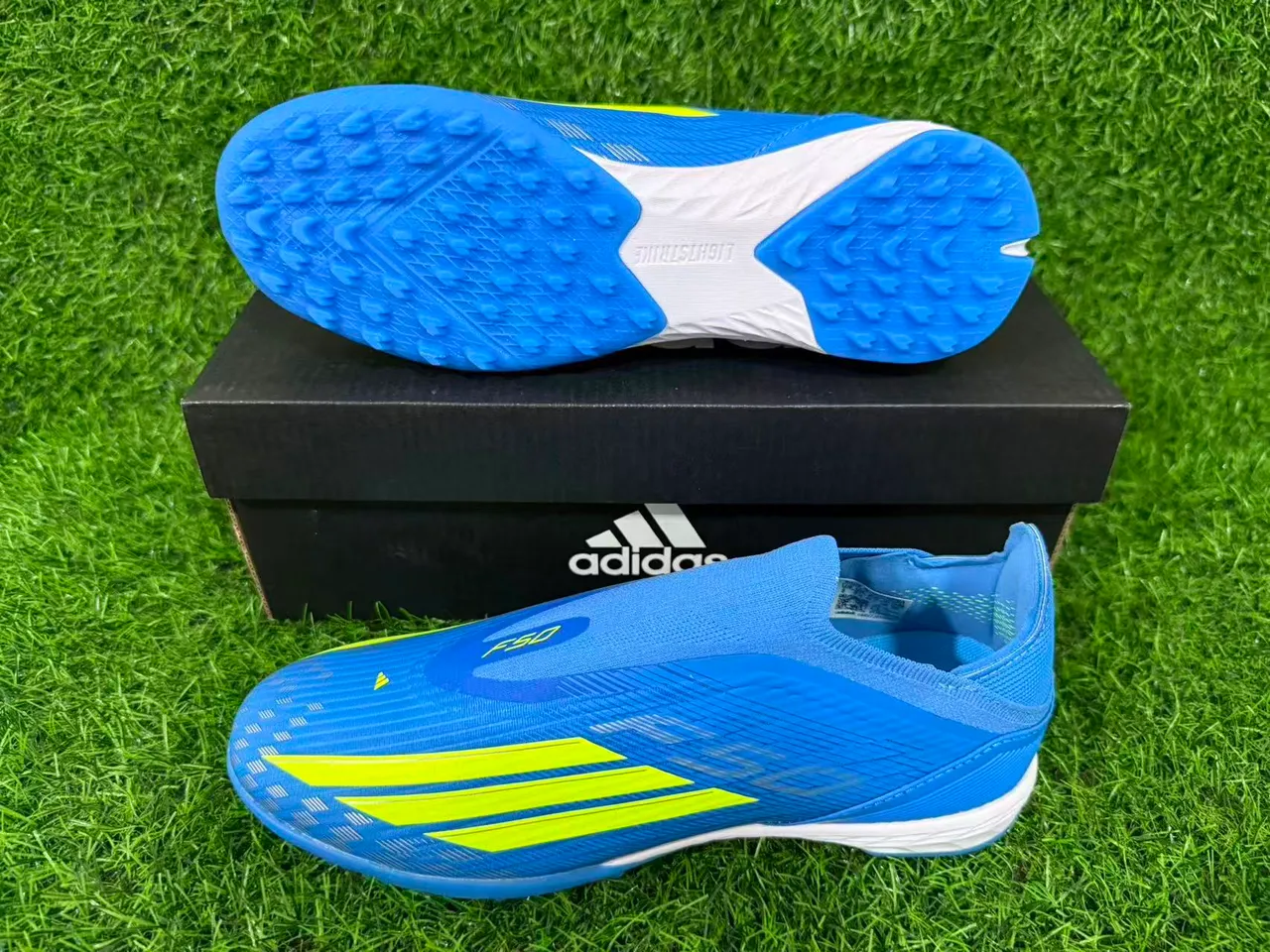 Adidas Blue Yellow Sock-Fit Collar Textured Synthetic Upper Artificial-Grass Soccer Shoes 10